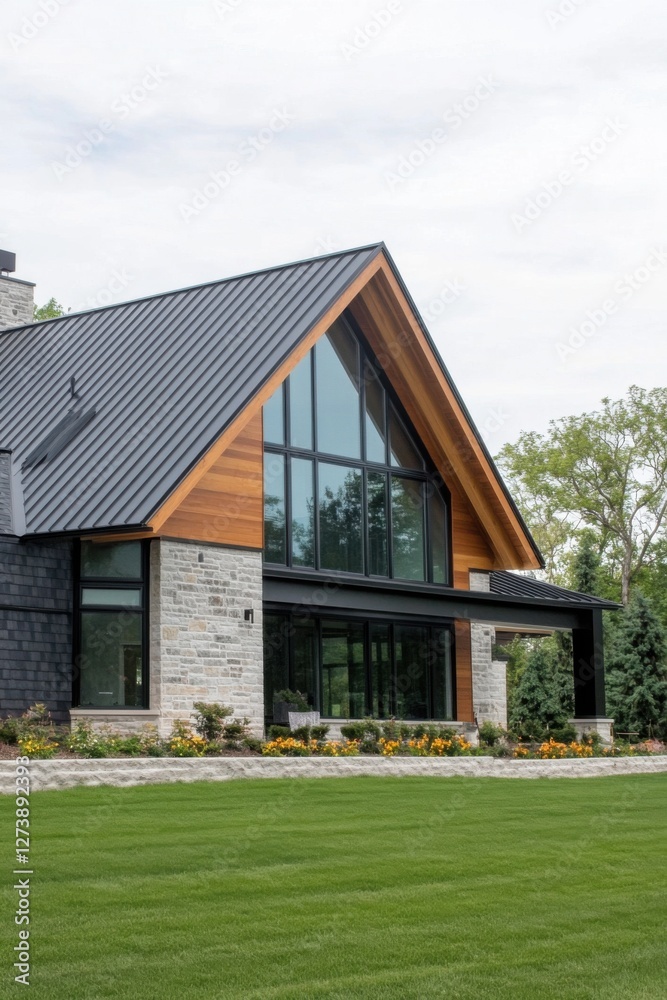 Modern home design showcases striking architecture with large windows and natural materials in a peaceful suburban setting surrounded by greenery Modern home design showcases striking architecture with large windows and natural materials in a peaceful suburban setting surrounded by greenery