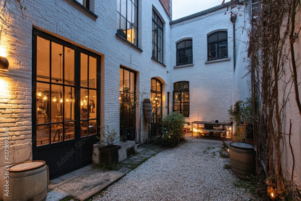 Fototapeta premium Quiet courtyard illuminated by string lights, showcasing a blend of modern and rustic design elements during twilight hours