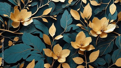 Elegant Green Summer Background with Golden Metallic Wall Art - Vector Design