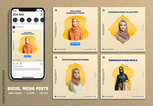 Editable Ramadan Sale Social Media Posts Set Mockup for Hijab Shopping.