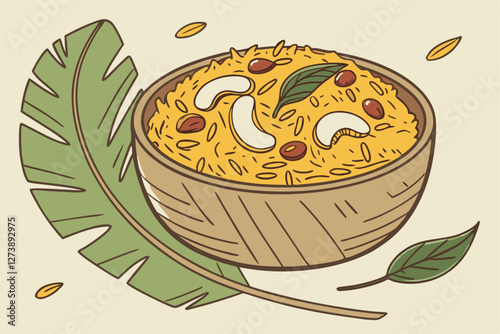  Rice dish, creamy risotto, raisins, cashews, saffron, green leaf garnish, wooden bowl, banana leaf backdrop, rich golden color, close-up food photography, soft lighting, textured grains, aromatic s