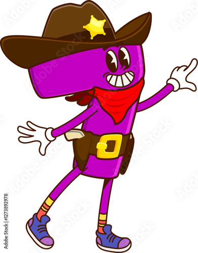 Cartoon groovy math number 7 as cowboy or sheriff character, vector mathematics symbol. Groovy number Seven 7 as Western bandit cartoon character in cowboy hat with sheriff star badge and guns