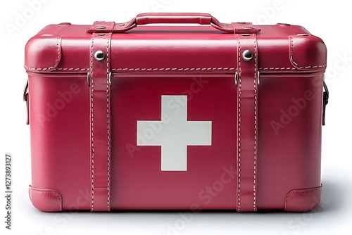 Red bag with first aid kit isolated on white background
