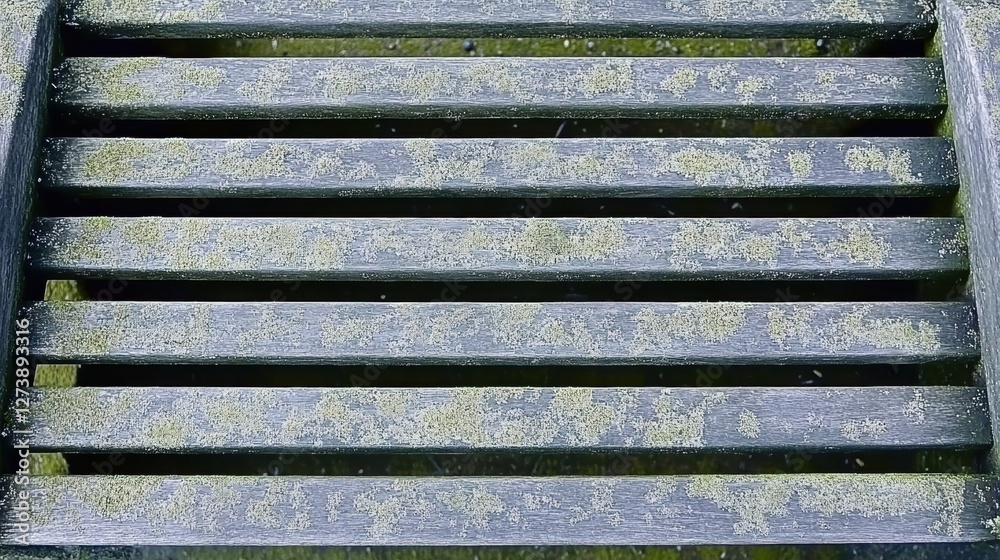 Close Up of Aged Wooden Slats with Lichen in Horizontal Pattern Gray Brown Tone Close Up of Aged Wooden Slats with Lichen in Horizontal Pattern Gray Brown Tone