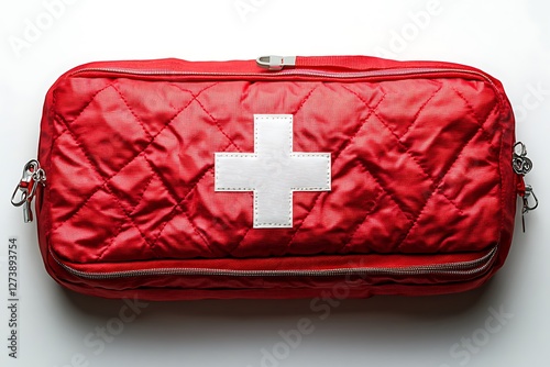 Red bag with first aid kit isolated on white background
