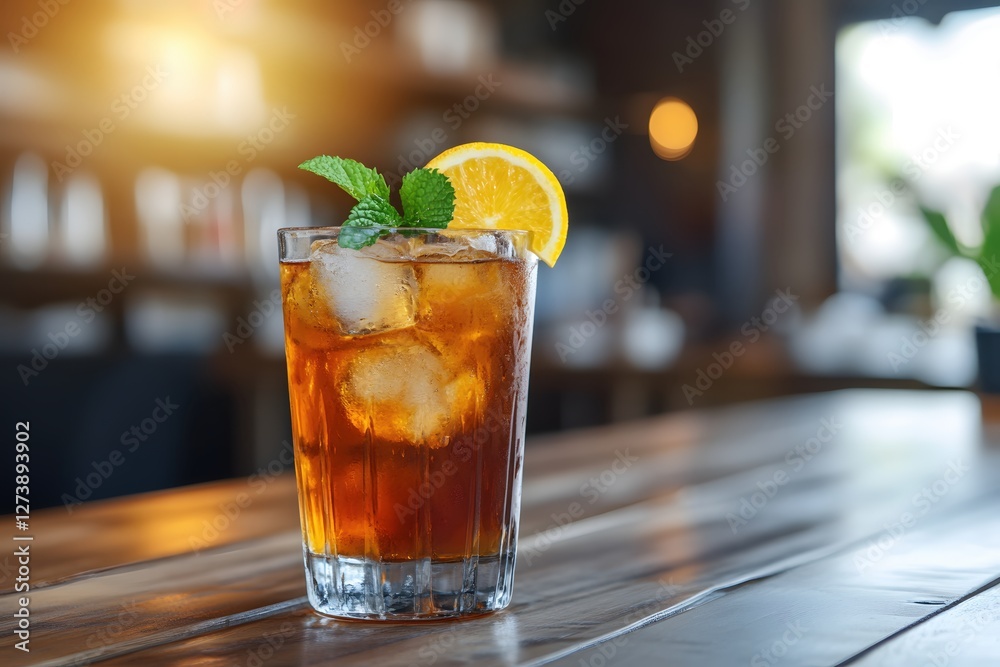 Refreshing iced tea with lemon and mint on a wooden table in a bright cafe setting Refreshing iced tea with lemon and mint on a wooden table in a bright cafe setting