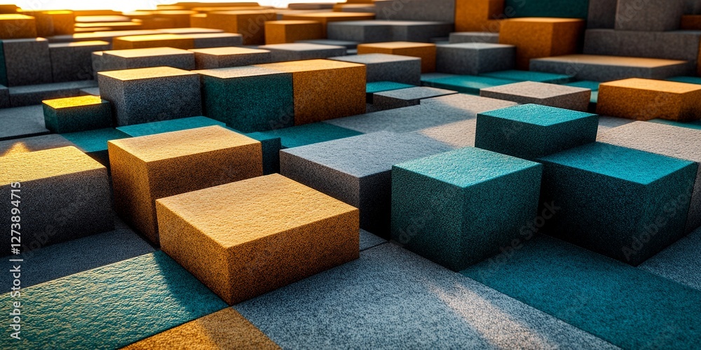 Fototapeta premium Abstract 3D Cubes Geometric Pattern Background Texture Design Art Gold Teal Gray Image