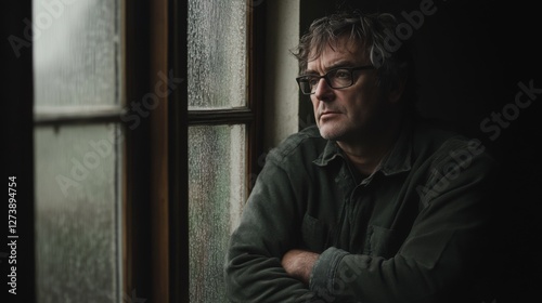 Man Contemplating Through Window photo