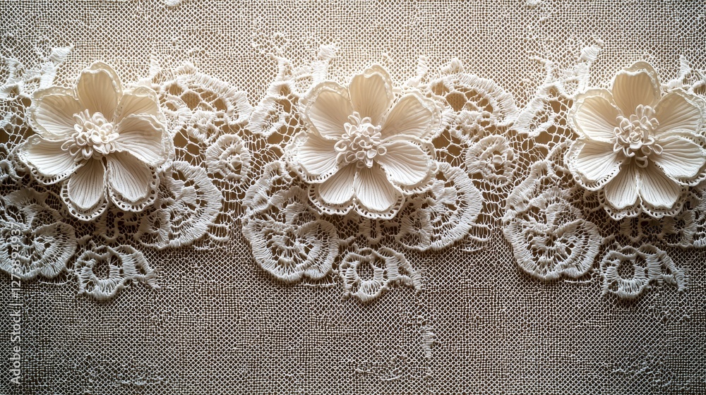 Obraz premium Delicate floral lace embellishments textile studio macro photography soft lighting artistic design