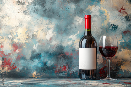 A bottle of red wine and a filled glass against a wall painted with brushstrokes. A cozy evening or a dinner party. A holiday and celebration. Copy space.
