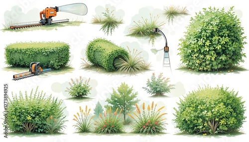 Landscaping action hedge trimming garden illustration outdoor aerial view maintenance photo