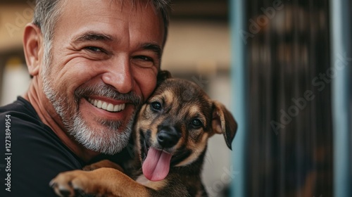 Man Holds Happy Puppy, Outdoor Portrait,  Joyful Pet photo