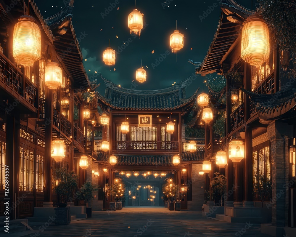Obraz premium a Chinese courtyard at night, with glowing lanterns hanging from traditional wooden beams and casting a soft light on the ancient architecture.