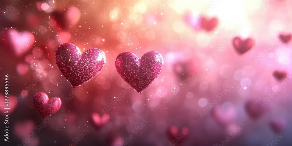 Colorful and sparkling hearts floating in a dreamy background filled with light during a romantic evening Colorful and sparkling hearts floating in a dreamy background filled with light during a romantic evening