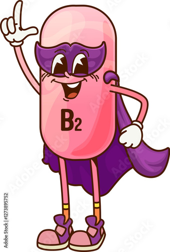 Cartoon groovy vitamin b2 superhero character. Isolated vector pink Riboflavin pill wearing purple cape and mask, confidently posing with a hand gesture, promotes health and wellness with heroic twist