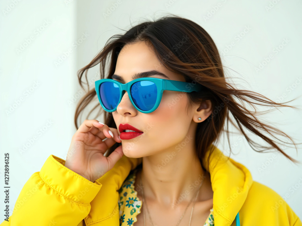 Naklejka premium Fashionable Woman in Oversized Blue Sunglasses & Yellow Jacket – Modern, Bold, High-Fashion Look with Vibrant Colors, Red Lipstick, and Turquoise Background – Trendy, Elegant, and Confident Aesthetic