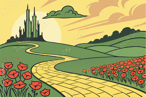  Fantasy landscape, yellow brick road, field of red poppies, emerald city, distant green spires, rolling hills, golden sunset, vibrant colors, dramatic sky, whimsical, fairy tale, Wizard of Oz inspi