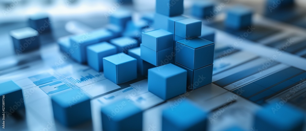 A structured marketing plan layout with stacked blue blocks and reports. A structured marketing plan layout with stacked blue blocks and reports.