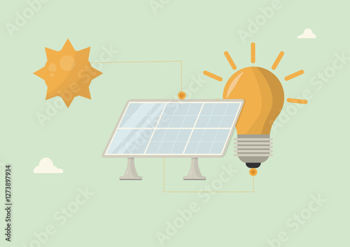 Solar Energy Concept With Lightbulb Illustration. solar panel connected to lightbulb with sun, depicting renewable energy conversion. Solar energy concept. Flat style. Vector illustration