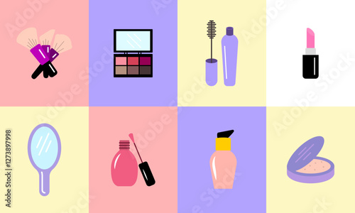 Stylish flatlay graphic showcasing a diverse range of makeup essentials. Perfect for beauty blogs, websites, or social media, this image offers a vibrant and modern aesthetic.