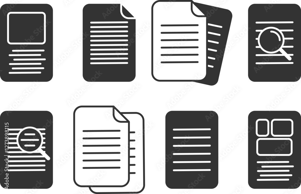 Set of eight stylish document icons perfect for website design, app interfaces, presentations, and educational materials. Clean, modern grayscale style easily adaptable to any project. Set of eight stylish document icons perfect for website design, app interfaces, presentations, and educational materials. Clean, modern grayscale style easily adaptable to any project.