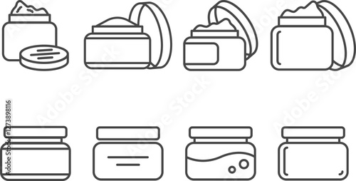 Clean, minimalist line art icons depicting various cosmetic containers.  Perfect for websites, apps, or packaging design related to skincare, beauty, or cosmetics.
