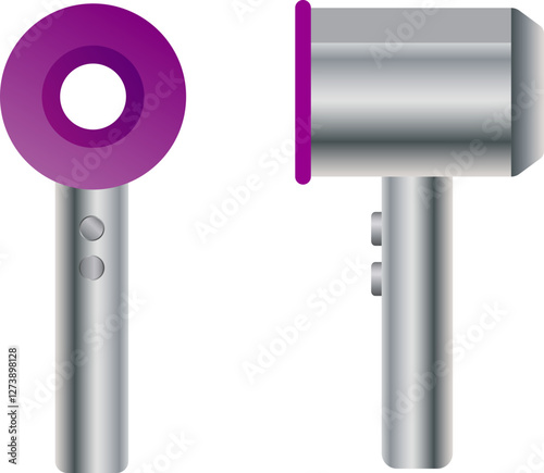 Stylish silver and purple hairdryer illustration, perfect for beauty blogs, websites, or product packaging.  Clean design, front and side views.  Ideal for showcasing hair care products or technology.