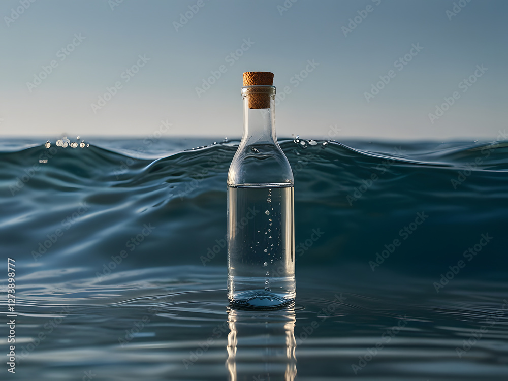A crisp and serene minimalist photography style features a solitary transparent glass bottle of water with subtle, gentle waves rippling on its surface, contrasting beautifully against a calm, solid A crisp and serene minimalist photography style features a solitary transparent glass bottle of water with subtle, gentle waves rippling on its surface, contrasting beautifully against a calm, solid