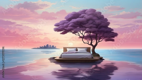Dreamlike and surrealistic landscape in purplish tones