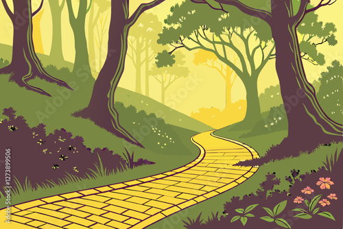  Yellow brick road, winding path, enchanted forest, misty atmosphere, golden sunlight, lush greenery, magical landscape, fantasy scene, dream-like, ethereal glow, Wizard of Oz inspired, mystical jou