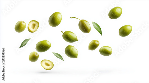 flying  green olives isolated on white background