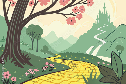  Fantasy landscape, emerald city, yellow brick road, vibrant flowers, cherry blossoms, golden sunlight, misty mountains, waterfalls, magical forest, dreamy atmosphere, fairytale castle, winding path