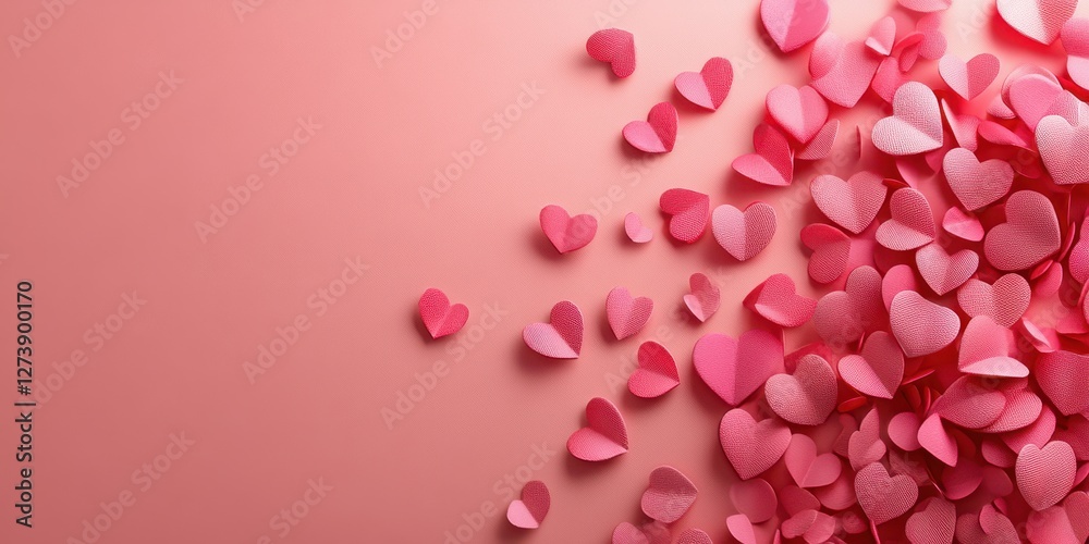 Colorful display of pink paper hearts scattered across a soft pink background creates a romantic atmosphere Colorful display of pink paper hearts scattered across a soft pink background creates a romantic atmosphere