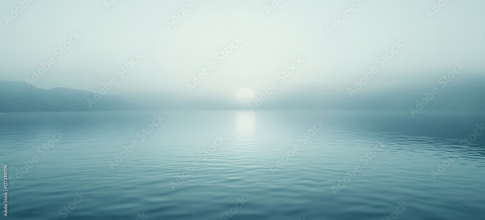 Obraz premium Serene Misty Lake Sunrise Peaceful Nature Scene Calm Water fog sky blue teal view mood