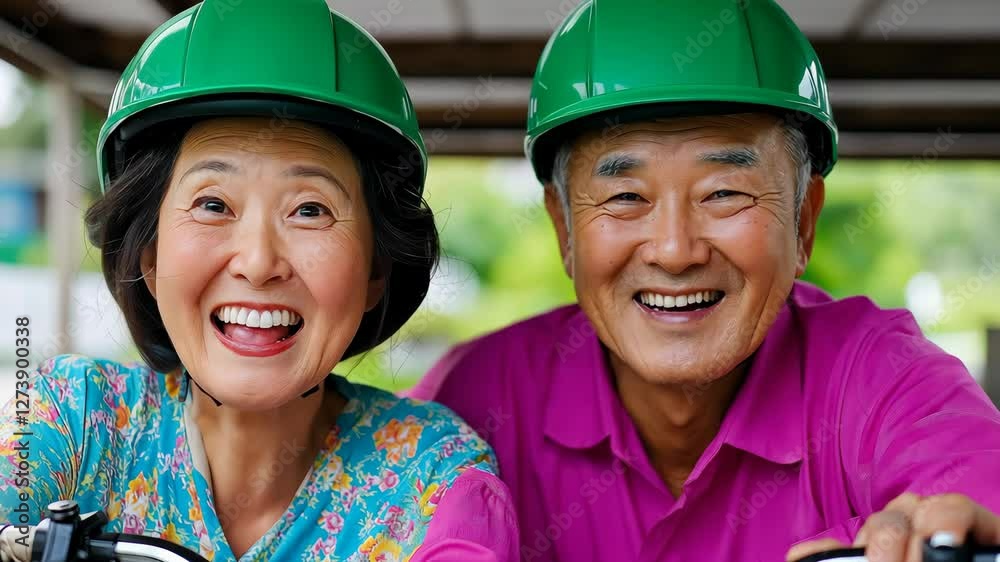 Couple of older people are smiling and wearing green helmets. They are riding a bike together. Scene is happy and lighthearted Couple of older people are smiling and wearing green helmets. They are riding a bike together. Scene is happy and lighthearted