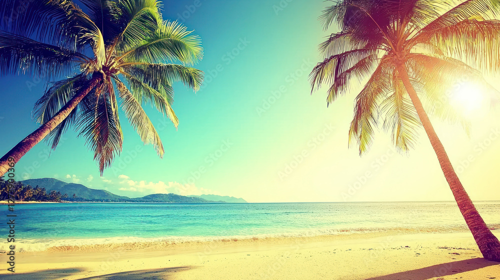 Obraz premium serene beach scene with palm trees, clear water, and bright sun