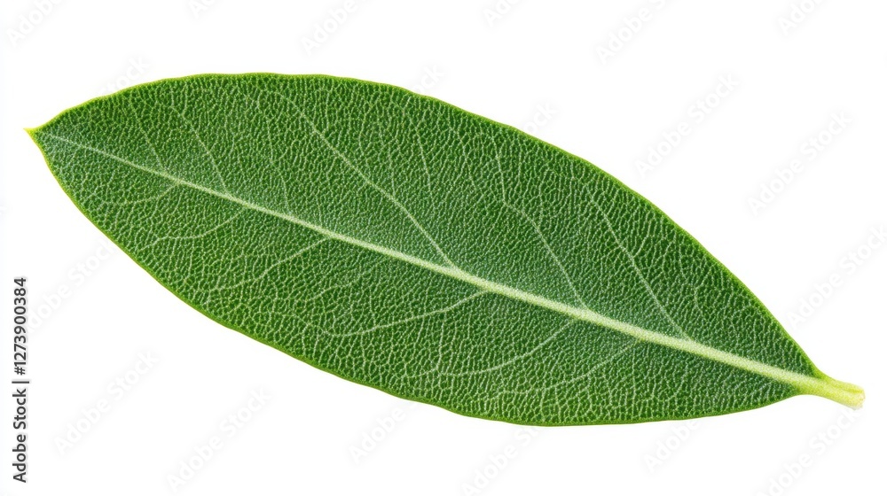 Obraz premium Close up view of a single, vibrant green leaf isolated on a white background. The leaf exhibits a detailed texture and prominent central vein