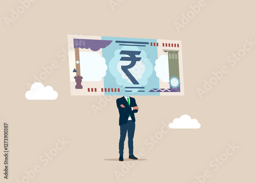 Businessman with a rupee banknote instead of a head on shoulders. Thinking about money decision, financial planning or investment strategy, profit and loss, expense or tax concept.