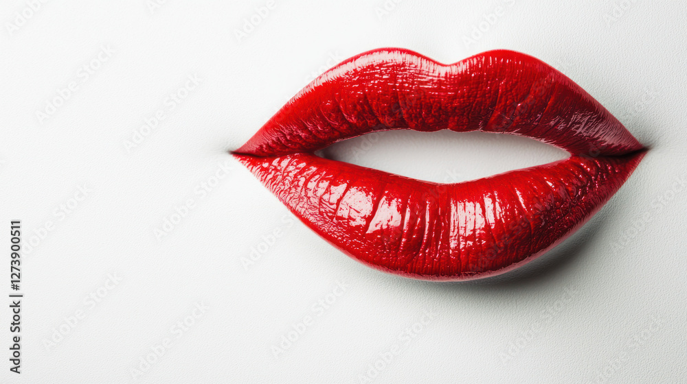 Obraz premium Glossy red lips on white background, showcasing beauty and elegance