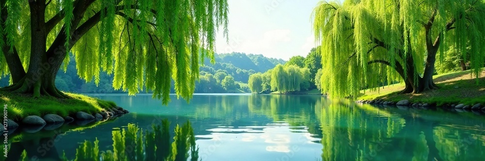 Fototapeta premium Calm lake with weeping willow branches and ripples, willow, foliage, nature