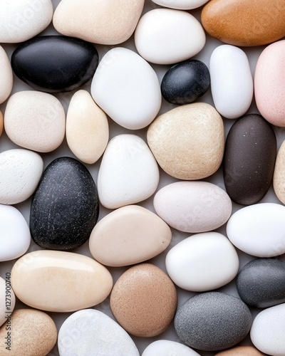 Collection of various smooth, speckled stones in neutral colors like beige, white, black, and brown arranged closely together on a light gray