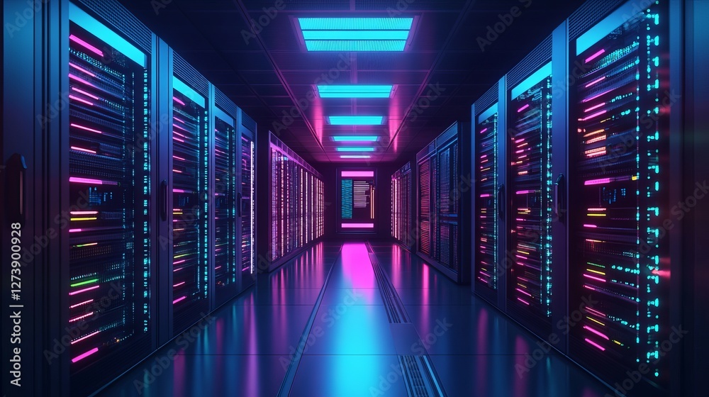 Obraz premium Futuristic supercomputer and cpu with glowing circuitry in neon-lit dark room