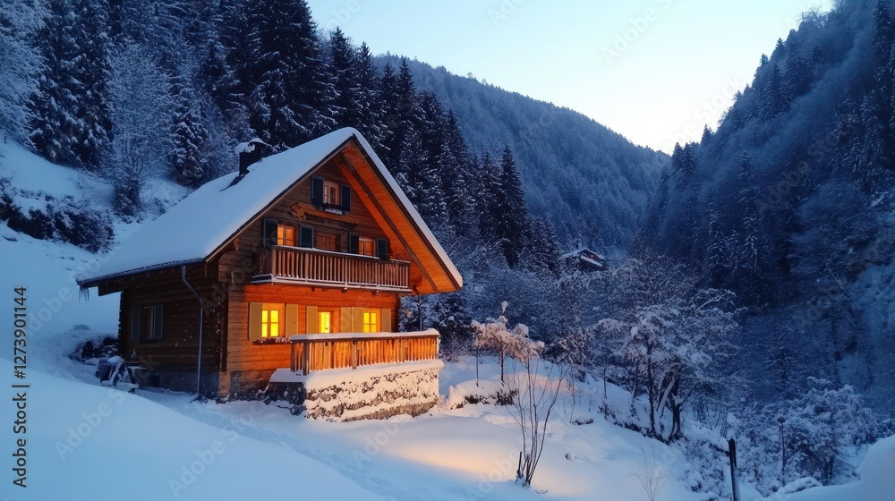 Fototapeta premium Cozy Wooden Cabin Nestled In Snowy Mountainside