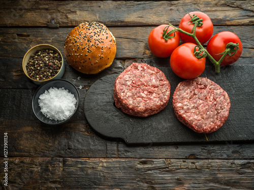 Raw burger patties over a wood table