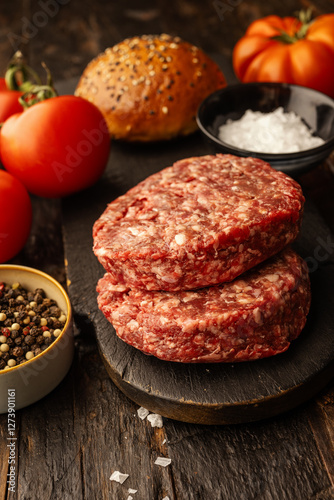 Raw burger patties over a wood table