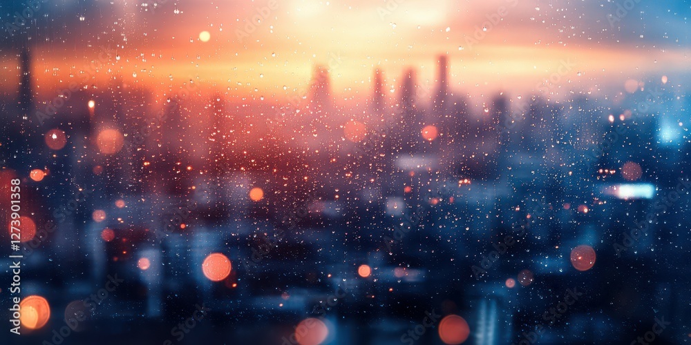 Fototapeta premium City skyline with raindrops creating a dreamy atmosphere during sunset over downtown area