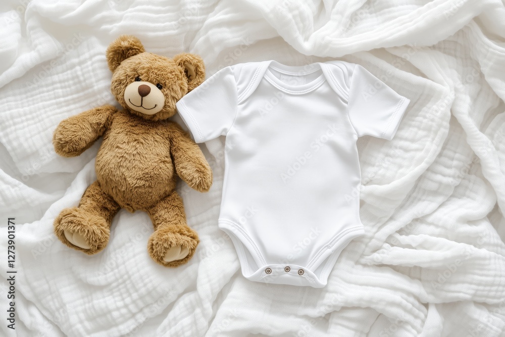 Fototapeta premium White cotton baby short sleeve bodysuit, toy teddy bear on white linen blanket throw background. Blank infant onesie mockup template. Top view