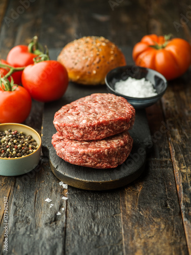 Raw burger patties over a wood table