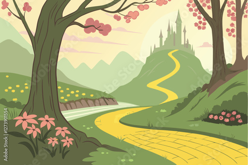  Fantasy landscape, emerald city, yellow brick road, vibrant flowers, cherry blossoms, golden sunlight, misty mountains, waterfalls, magical forest, dreamy atmosphere, fairytale castle, winding path