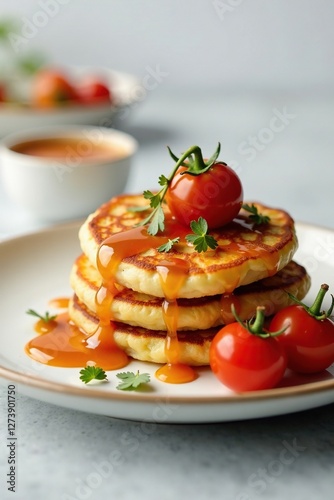Wallpaper Mural Cherry tomatoes and tangy sauce drizzled on a stack of potato pancakes, , cherry Torontodigital.ca